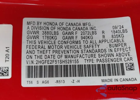 2025 Honda Civic Sport from USA, damaged, VIN 2HGFE2F51SH528155